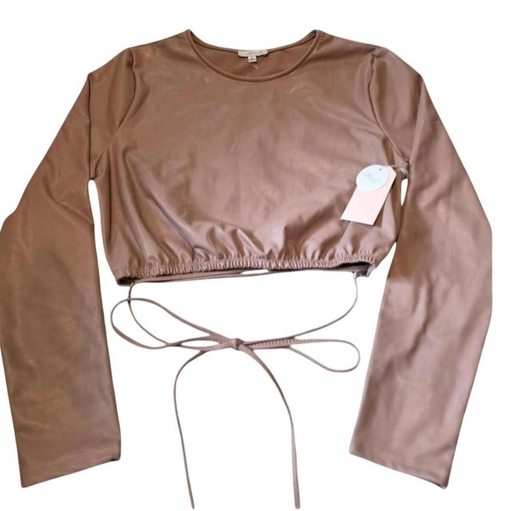 NWT Blushe Boutique Long Sleeve Faux Leather Tie Wrap Top